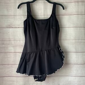 Vintage Black One Piece Skirted Swimsuit or Swimdress White Trim Built-in Cups